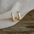 Gold Tone White Pearlescent Inlay Rectangular Huggie Hoop Earrings view 1