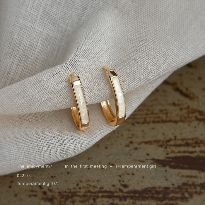 Gold Tone White Pearlescent Inlay Rectangular Huggie Hoop Earrings