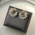 Gold and Silver Pearl Look Clear Stone C Hoop Earrings view 4
