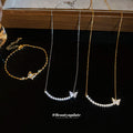 Gold Butterfly Pearl Necklace and Zircon Butterfly Bracelet view 1