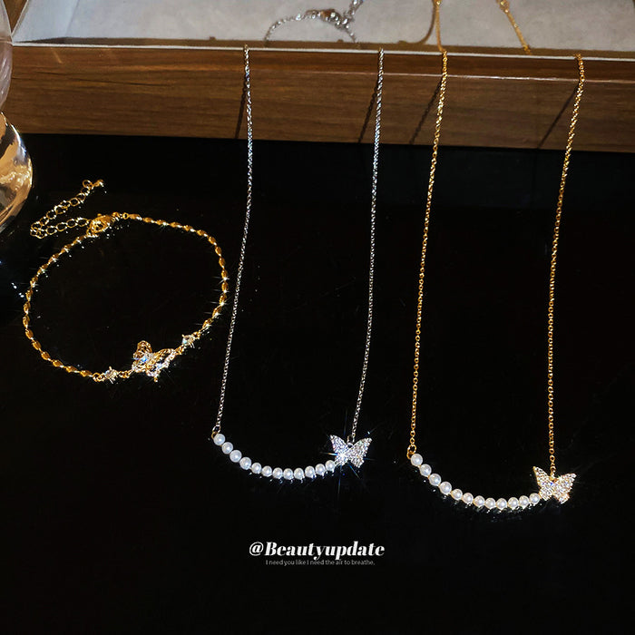 Gold Butterfly Pearl Necklace and Zircon Butterfly Bracelet