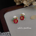 White Pearl Like Top Red Flower Green Leaf Stud Earrings view 3