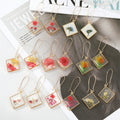 Gold Tone Square Clear Resin Pressed Flower Long Hook Earrings view 1