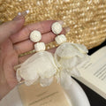 Pink Yellow and White Fabric Flower Statement Earrings view 4