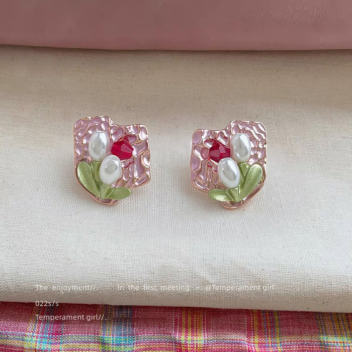 Pink Hammered Stud Earrings Pearl Tulip Red Crystal Pair