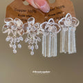 Clear Floral Crystal Drop and Chain Fringe Earrings view 1