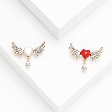 Crystal Winged Heart Brooch with White or Red Heart