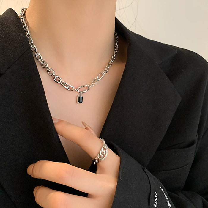 Silver Mixed Link Chain Necklace Black Square Pendant