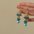 Blue Crystal Bell Tassel Hook Earrings with Reflective Details view 2