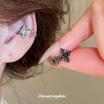 Black and Clear Crystal Cross Flower Decorative Ear Cuffs