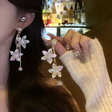 Gold Tone Floral Pearl Drop Earrings With Crystal Accents