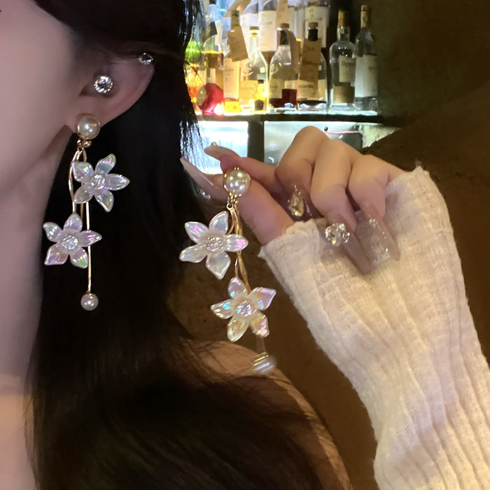 Gold Tone Floral Pearl Drop Earrings With Crystal Accents