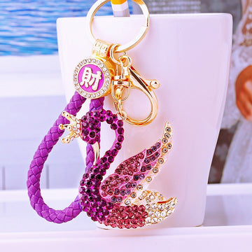 Gradient Crystal Swan Keychains in Blue Fuchsia and Purple with Braided Loops