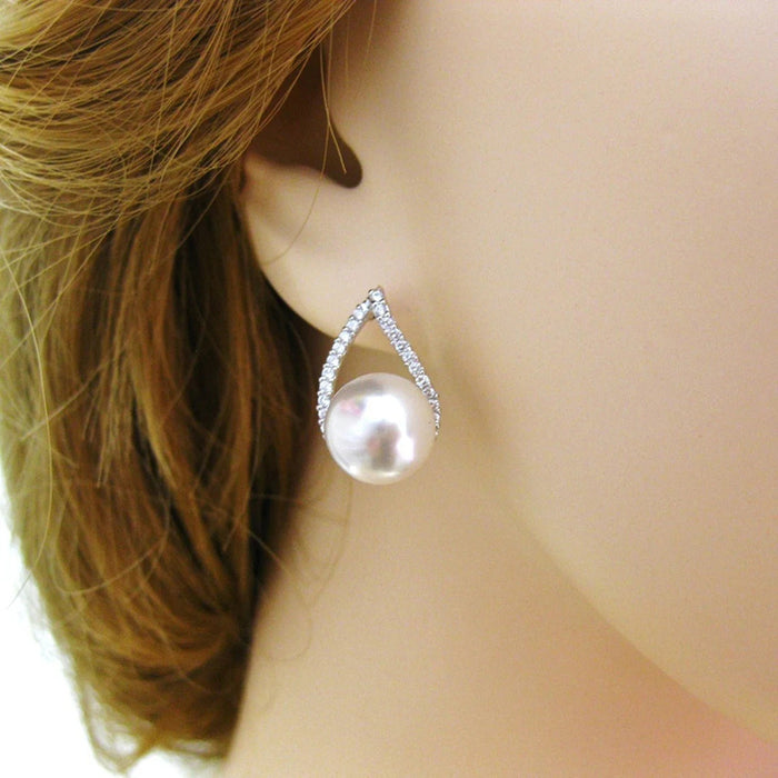 Crystal Outline Pearl Teardrop Stud Earrings Polished Statement Fashion Jewelry