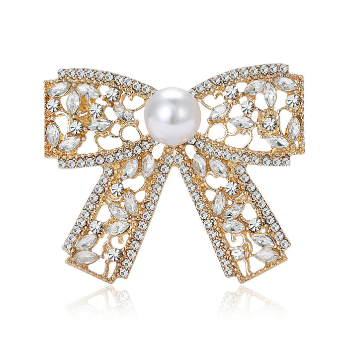 Openwork Bow Brooch with Pearl Center in Four Color Finishes