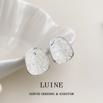 Silver Irregular White Crushed Glass Crystal Stud Earrings