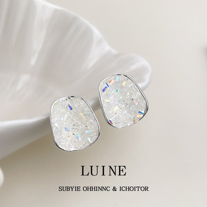 Silver Irregular White Crushed Glass Crystal Stud Earrings