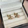Brown Enamel Flower and Pearl Look Gold Tone Stud Earrings view 2