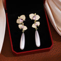 White Teardrop and Pink Stone Floral Long Stud Earrings view 1