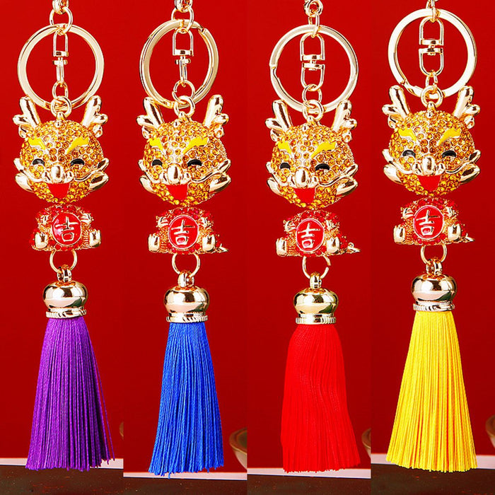 Jeweled Auspicious Dragon Tassel Keychains in Six Bright Colors