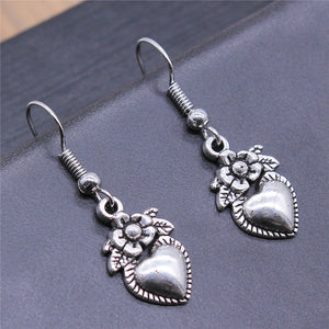 Flower and Heart Dangle Earrings in Antique Silver or Bronze