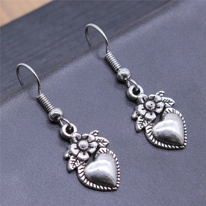 Flower And Heart Dangle Earrings in Two Antique Finishes