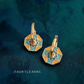 Gold Huggie Earrings Teal Orange Enamel Octagon Disc Pair view 1