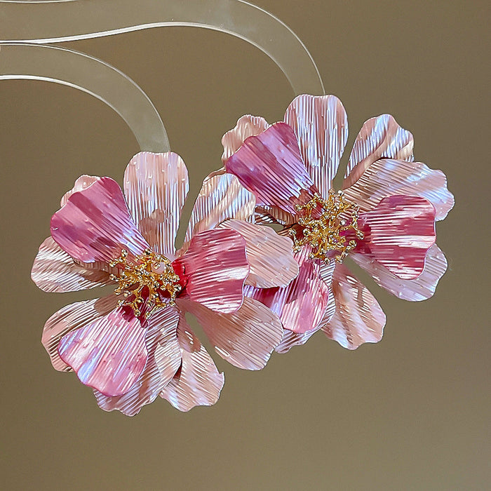 Pink Fabric Flower Stud Earrings with Layered Petals and Crystal Centers