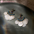 Gold Tone Blue Beaded Fan Shell Disc Drop Earrings view 3