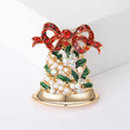 Christmas Bell Brooch In Metal With A Red Crystal Bow, Green Enamel, And Clustered Faux view 1