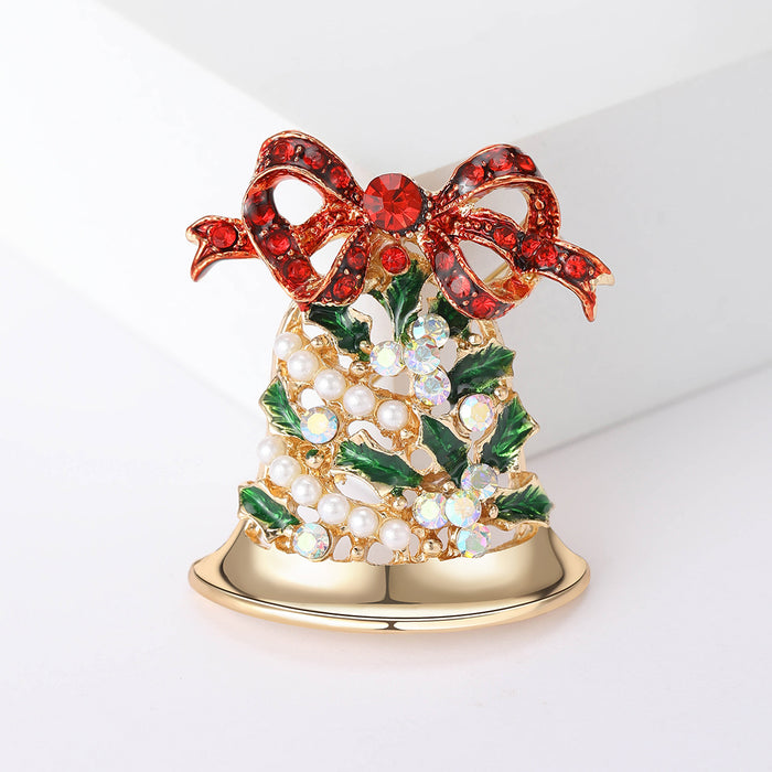 Christmas Bell Brooch In Metal With A Red Crystal Bow, Green Enamel, And Clustered Faux