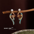 Gold Tone Aqua Red Ribbon Swirl Pearl Top Drop Stud Earrings view 4