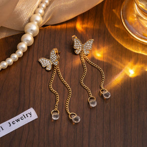 Gold-Tone Butterfly Stud Earrings with Chain Drops and Clear Bead Ends