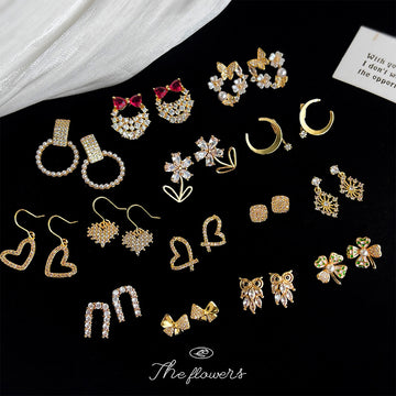 Assorted Gold CZ Pearl Heart Flower Bow Stud Earrings