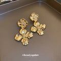 Gold Sculpted Double Flower Drop Earrings Polished Metal Jewelry view 2