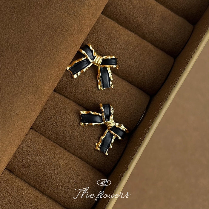 Gold Black Enamel Bow Stud Earrings Wavy Ribbon Pair