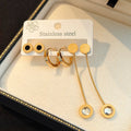 Gold Tone Three Pair Disc Stud Hoop and Long Crystal Drop Earring Set view 2