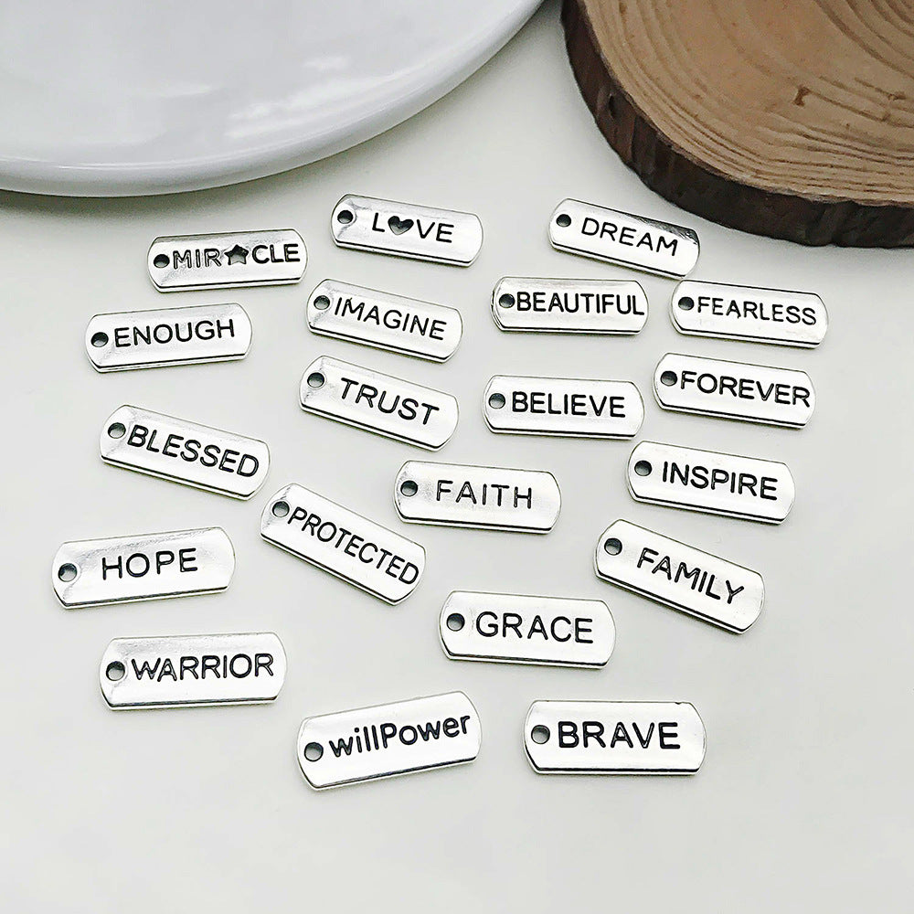 Zinc Alloy Rectangle Inspirational English Word Tag Letter Charm Pendant for DIY Jewelry