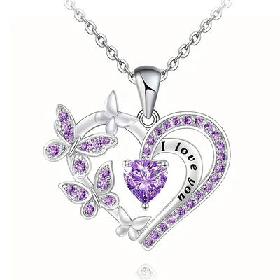 Purple heart butterfly pendant with I love you engraving on white