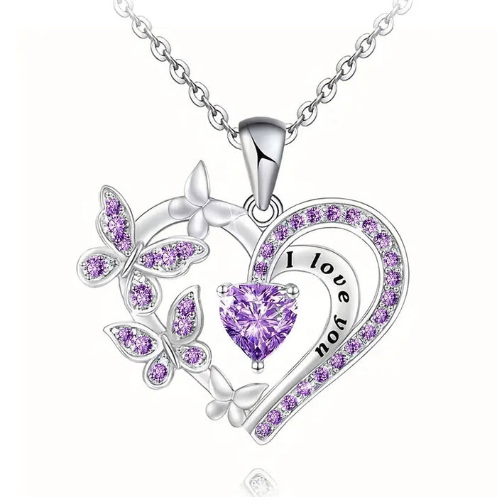 Silver Tone Heart Butterfly Pendant Necklace I Love You Engraved
