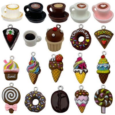 Multicolor cake charms arranged on a light background