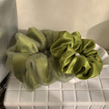 Olive Green Satin Organza Scrunchie Hair Ties Two Styles view 2