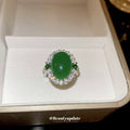 Silver Tone Green Oval Cabochon Open Ring With Clear Crystal Halo view 2