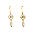 Gold Tone Green Oval Stone And White Pearl Hook Earrings view 5