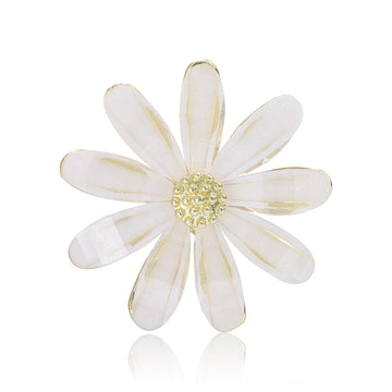 White Acrylic Daisy Brooch With Polished Metal And Sculpted Decorative Details