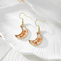 Gold Tone Crescent Moon Pressed Flower Drop Earrings in Eight Designs view 5