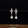 Silver Iris Flower Pink Crystal Pearl Drop Earrings Pair view 4