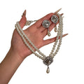 Double Strand Pearl Necklace Drop Earring Set Silver Crystal view 5