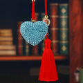 Full Crystal Heart Car Hangers in Red Pink Blue and Purple with Red Tassels view 3
