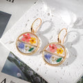 Gold Tone Divided Round Pressed Flower Resin Hook Earrings view 7